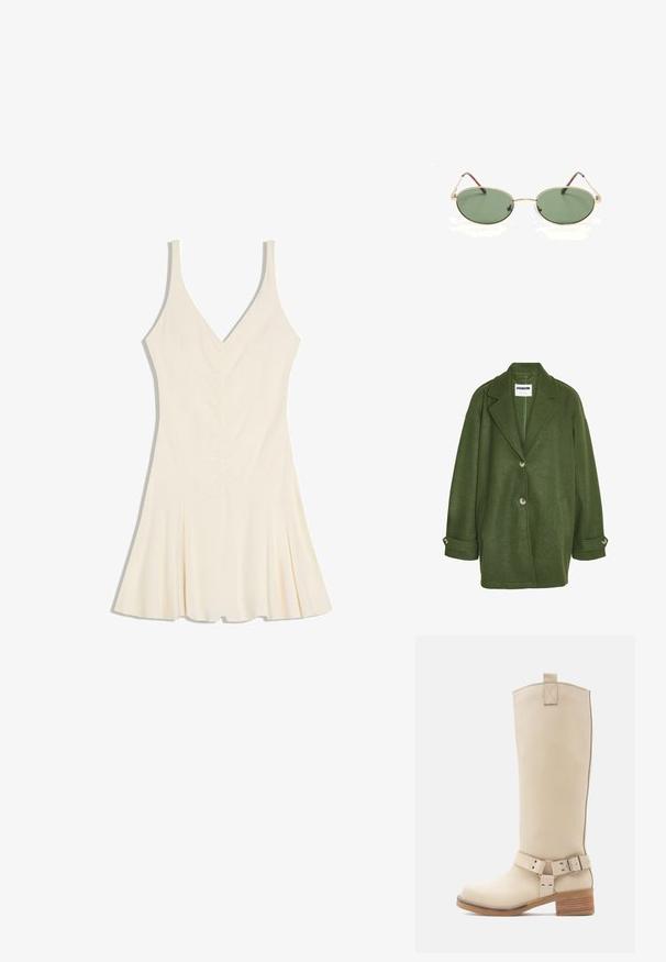 Groene wolmix jas met een notch-kraag, twee voorzakken en drie knopen. Heeft een losse pasvorm en opgerolde manchetten.; Mouwloze crème-kleurige jurk met V-hals, aangesloten geplooide taille en uitlopende geplooide rok.; Beige kniehoog laarsje van glad leer, met een zijspan gespsluiting, een contrasterende houten hak en een stevige achterlus aan de bovenkant.; Ovale zonnebril met goudkleurig metalen montuur, groene getinte glazen en dunne pootjes, liggend op een witte ondergrond.
