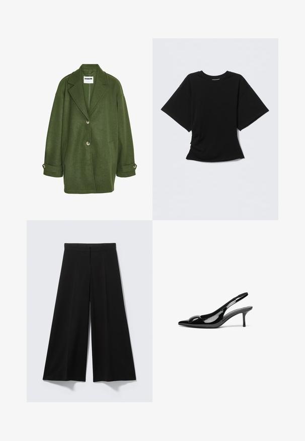 Groene wolmix jas met een notch-kraag, twee voorzakken en drie knopen. Heeft een losse pasvorm en opgerolde manchetten.; Zwart T-shirt met korte mouwen en ronde hals, licht oversized pasvorm, getoond op een lichtgrijze achtergrond.; Zwarte wijde broek met rechte pijpen van gladde stof, met een hoge taille, plooien aan de voorkant en zonder zichtbare sluitingen of patronen.; Zwarte gepatineerde leren slingback hakken met een puntige neus en een glanzende afwerking. Heeft een slanke hak en een ronde accent op de bovenkant.