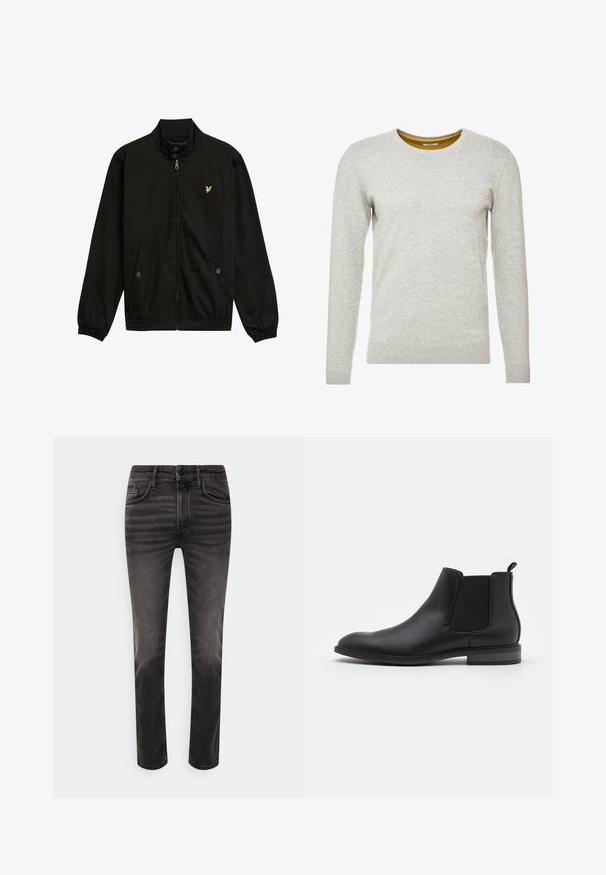 Zwarte nylon zip-up jack met een hoge kraag, elastische manchetten, twee voorzakken en een klein geel logo op de borst.; TOM TAILOR CREW NECK - Trui - light soft grey melange; Zwarte denim jeans met een recht gesneden ontwerp, voorzien van riemlussen, een sluiting met een knoop aan de voorkant en subtiele vervaging op de stof.; Zwarte leren Chelsea boot met elastische zijpanelen, ronde neus en treklus, met een lage blokhak en een gladde textuur.