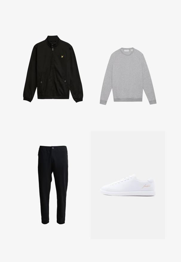 Zwarte nylon zip-up jack met een hoge kraag, elastische manchetten, twee voorzakken en een klein geel logo op de borst.; Lichtgrijze longsleeve crewneck sweatshirt met geribde manchetten en zoom, plat weergegeven op een effen achtergrond.; Zwarte joggingbroek met een elastische tailleband, zijzakken met rits en taps toelopende pijpen. Gemaakt van zachte stof met een gladde textuur.; Witte lage sneaker met witte veters, een gestructureerde zool en een gouden "lacoste" schrift aan de zijkant tegen een neutrale achtergrond.
