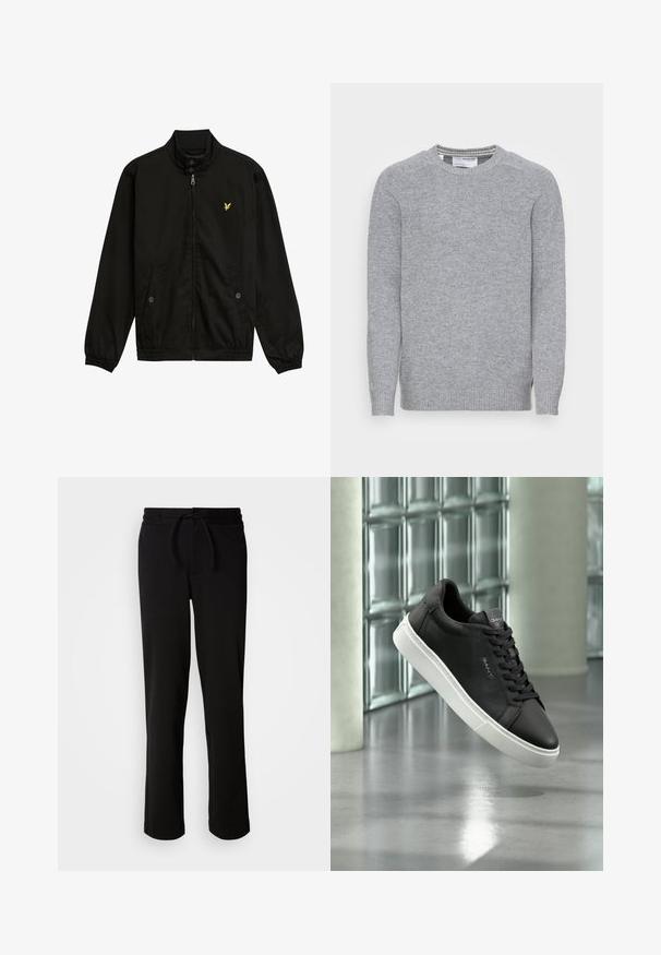 Zwarte nylon zip-up jack met een hoge kraag, elastische manchetten, twee voorzakken en een klein geel logo op de borst.; Grijze gebreide trui met een ronde hals, geribbelde manchetten en zoom. Glad textuur en een eenvoudig, klassiek ontwerp met zijsplitten.; Zwarte joggingbroek met een elastische tailleband en trekkoord, gemaakt van zachte, rekbare stof. Heeft een relaxte pasvorm met rechte pijpen en geen zichtbare zakken.; Zwarte leren lage sneaker met witte zool en zwarte veters, getoond zwevend boven een gepolijste betonnen vloer nabij glasblokken muren.