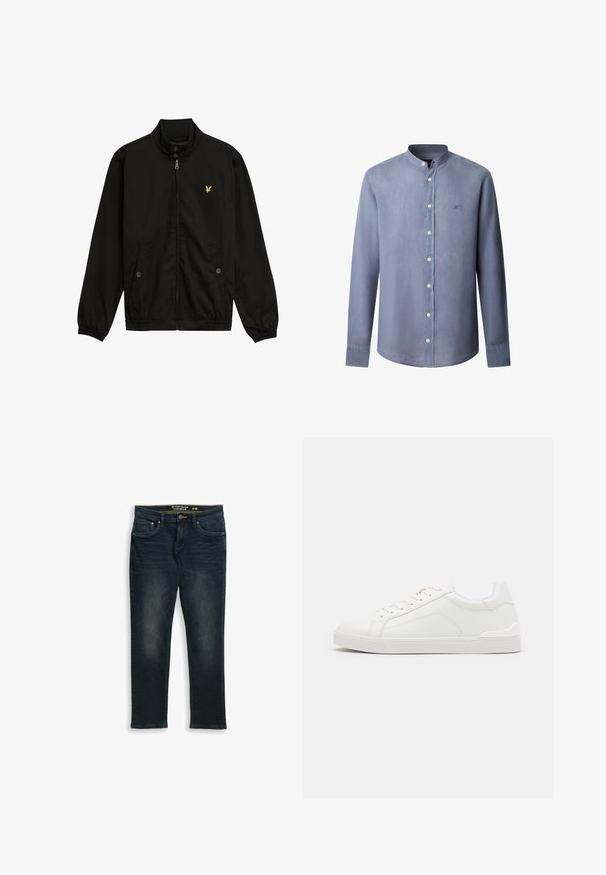 Zwarte nylon zip-up jack met een hoge kraag, elastische manchetten, twee voorzakken en een klein geel logo op de borst.; Heren overhemd met lange mouwen in lichtblauw, met knopen en een mandarijnen kraag. Voorzien van een klein marineblauw geborduurd logo op de linkerborst.; Donkerblauwe slim-fit jeans met voorzakken, riemlussen en knoopsluiting, maat 31/32 van Tom Tailor.; Witte synthetische sneakers met een gladde textuur, ronde neus, vetersluiting aan de voorkant, subtiele stikdetails en rubberen zolen. Geaccentueerd met lichtblauw rond de kraag.