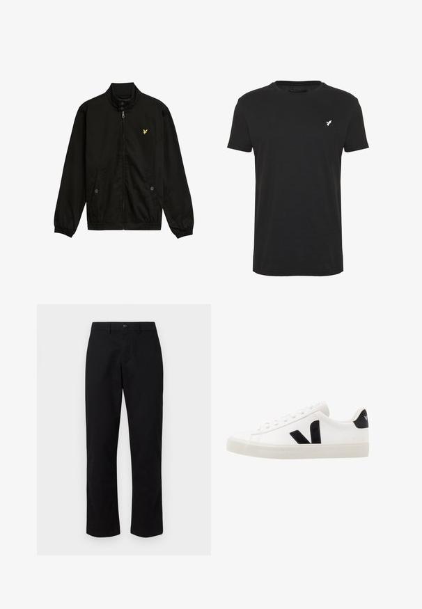 Sort nylon zip-jakke med høj krave, elastiske cuffs, to forlommer og et lille gult logo på brystet.; Sort kortærmet t-shirt lavet af bomuld, med rund hals og et lille hvidt fuglelogo på venstre brystområde.; GAP SLIM PERFORMANCE STRETCH - Chino - true black; Hvide lædersneakers med sorte ruskindsdetaljer; har en gummisål, rund tå og klassisk snørebåndsdesign. Side logo i sort.