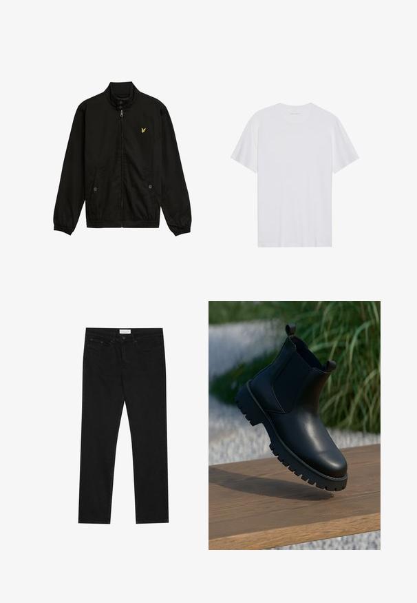Zwarte nylon zip-up jack met een hoge kraag, elastische manchetten, twee voorzakken en een klein geel logo op de borst.; Witte katoenen T-shirt met korte mouwen, een ronde hals en een gladde textuur. Heeft minimale branding op de halslijn.; Zwarte straight-leg jeans met een vijf-pocket ontwerp, knoop- en ritssluiting, en een Pier One merklabel op de tailleband.; Zwarte leren enkellaarsjes met elastische zijpanelen, ronde neus en robuuste zool, tentoongesteld op een houten oppervlak.