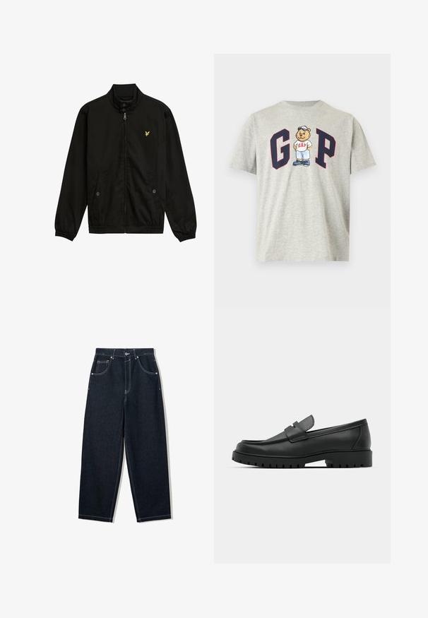 Zwarte nylon zip-up jack met een hoge kraag, elastische manchetten, twee voorzakken en een klein geel logo op de borst.; Lichtgrijs T-shirt met korte mouwen met marineblauwe en rode letters "G" en "P", met in het midden een cartoon van een beer die een pet, wit hemd en blauwe korte broek draagt.; Donkerindigo jeans met rechte pijpen, witte contrasterende stiksels, ontwerp met vijf zakken en metalen knoopsluiting in de taille.; Zwarte leren instappers met een ronde neus, voorzien van een gestikt ontwerp, een lage platformzool en een gestructureerde, grof rubberen buitenzool.