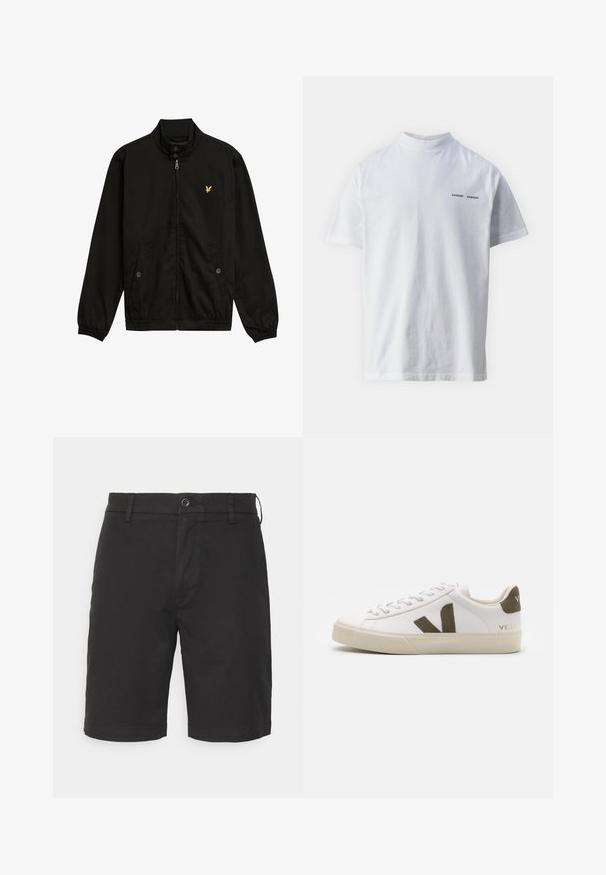Zwarte nylon zip-up jack met een hoge kraag, elastische manchetten, twee voorzakken en een klein geel logo op de borst.; Witte katoenen t-shirt met een hoge hals en korte mouwen. Voorzien van het 'SAMSØE SAMSØE' logo in het zwart op de voorkant. Glad van textuur.; Zwarte katoenen shorts met een knoopsluiting, een vlakke voorkant, zijzakken en gestikte zoom. De stof lijkt glad en mat.; Witte leren sneakers met een lichtbeige rubberen zool. Voorzien van een bruine suède V-logo en hieltab. Gespsluiting met een gestructureerd oppervlak.