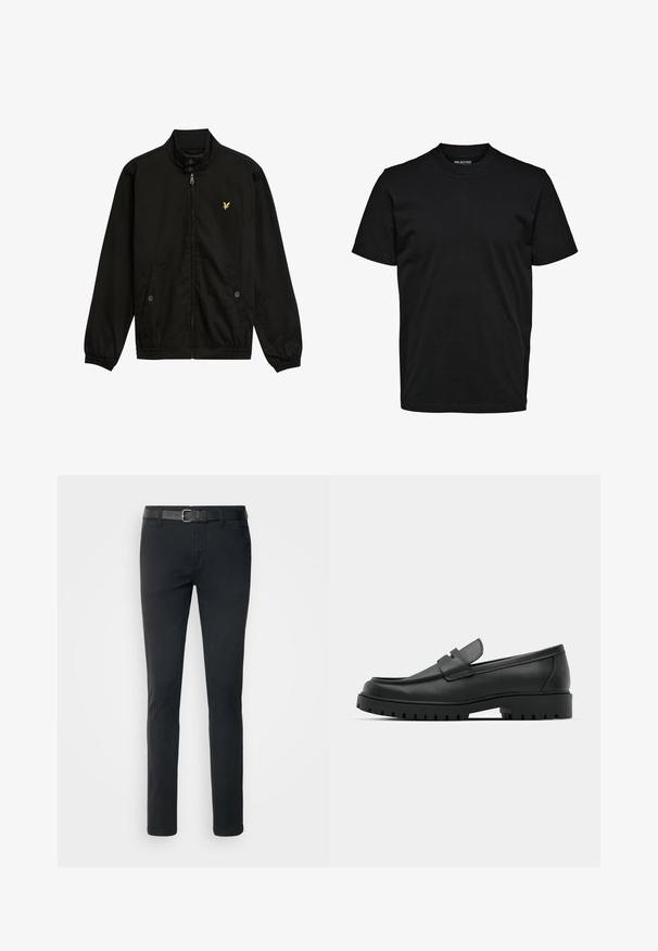Zwarte nylon zip-up jack met een hoge kraag, elastische manchetten, twee voorzakken en een klein geel logo op de borst.; Eenvoudig zwart T-shirt met korte mouwen, ronde hals en een normaal model zonder zichtbare patronen of logo's.; Zwarte chino's met een slim fit, voorzien van een gestructureerde zwarte riem en voorzakken, gemaakt van een lichtgewicht, duurzame katoenmix.; Zwarte leren instappers met een ronde neus, voorzien van een gestikt ontwerp, een lage platformzool en een gestructureerde, grof rubberen buitenzool.