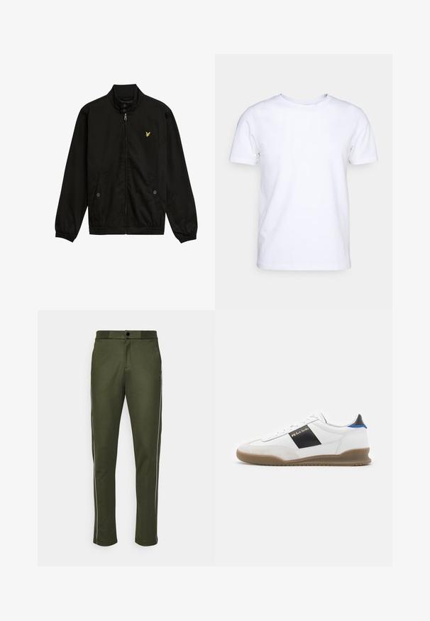 Sort nylon zip-jakke med høj krave, elastiske cuffs, to forlommer og et lille gult logo på brystet.; Hvid kortærmet t-shirt i bomuldsstof med rund halsudskæring. Enkel design uden mønstre eller detaljer. Glat tekstur.; Ron Dorff TRACK PANTS WHITE PIPING - Træningsbukser - dark oliver green; Hvid sneakers med sorte og blå detaljer, overdel i ruskind og læder, rund tå, flad gummisål og guld brandingdetalje på siden.