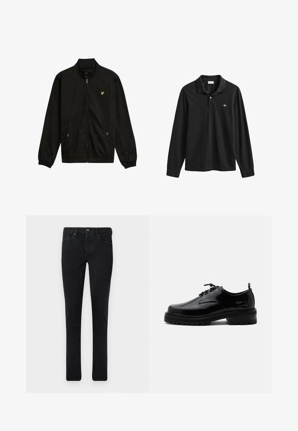 Schwarze Nylon-Reißverschlussjacke mit hohem Kragen, elastischen Bündchen, zwei Fronttaschen und einem kleinen gelben Logo auf der Brust.; Schwarzes Langarm-Poloshirt mit Kragen und zweiknopfiger Knopfleiste, mit kleinem gesticktem Logo auf der linken Brust.; Dunkelblaue Jeans im Slim-Fit-Schnitt, mit Fünf-Taschen-Design und metallischem Knopfverschluss. Glatte Textur und gleichmäßige Farbe.; Schwarzer polierter Lederschnürschuh mit dicker Gummisohle und niedrigem Absatz, seitlichem Marken-Schriftzug "SAMSOE" und hinterer Zuglasche.