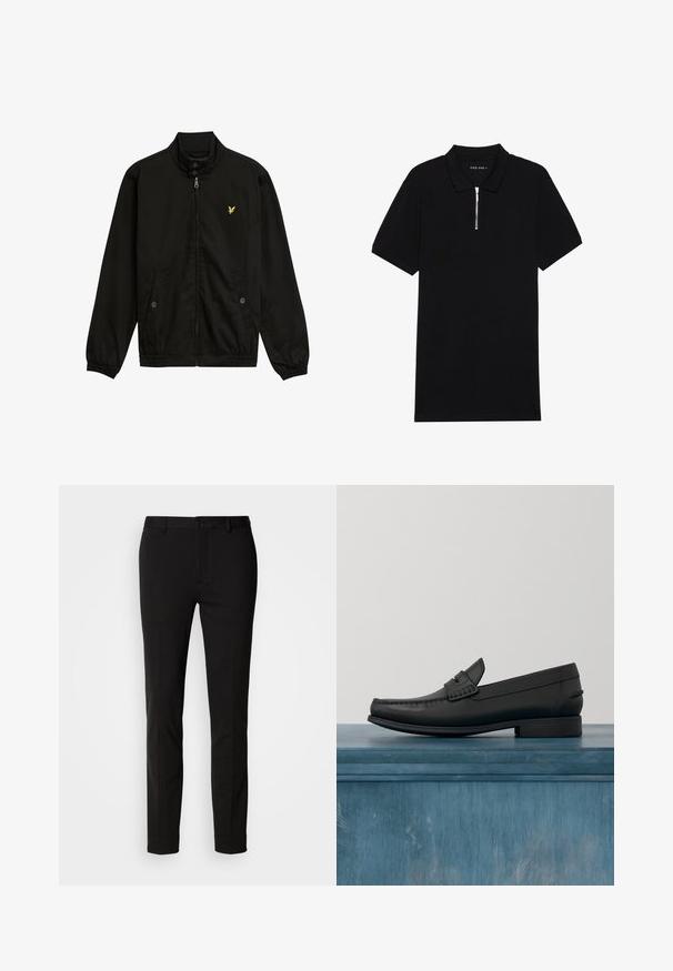 Schwarze Nylon-Reißverschlussjacke mit hohem Kragen, elastischen Bündchen, zwei Fronttaschen und einem kleinen gelben Logo auf der Brust.; Schwarzes Poloshirt aus glattem Stoff, mit einem Reißverschluss, kurzen Ärmeln und einem klassischen Kragen. Das Etikett trägt die Aufschrift "PIER ONE".; Schwarze Hose mitSlim-Fit, ausgestattet mit einem Knopfverschluss und Gürtelschlaufen. Aus glattem Stoff mit leichtem Glanz, ohne erkennbare Muster.; Schwarze Lederloafers mit runder Zehenform, detaillierter Naht und niedrigem, quadratischem Absatz. Glatte Textur und minimalistisches Design.