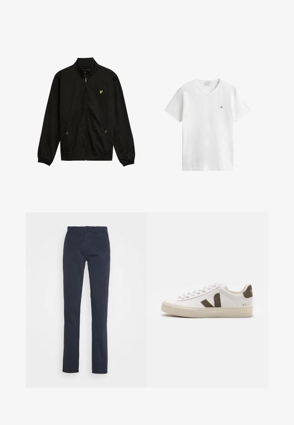 Zwarte nylon zip-up jack met een hoge kraag, elastische manchetten, twee voorzakken en een klein geel logo op de borst.; Witte T-shirt met korte mouwen en V-hals met klein geborduurd logo op de linkerborst, eenvoudig ontwerp, afgebeeld tegen een witte achtergrond.; Marineblauwe broek van katoen, met een recht gesneden ontwerp, riemlussen en een knoopsluiting aan de voorkant. Soepele textuur.; Witte leren sneakers met een lichtbeige rubberen zool. Voorzien van een bruine suède V-logo en hieltab. Gespsluiting met een gestructureerd oppervlak.