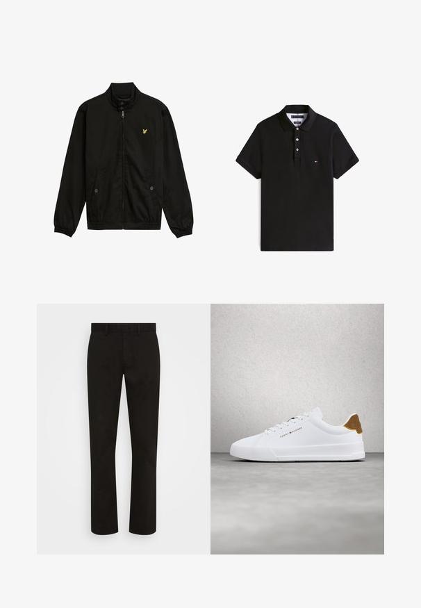 Zwarte nylon zip-up jack met een hoge kraag, elastische manchetten, twee voorzakken en een klein geel logo op de borst.; Zwart poloshirt met korte mouwen en kraag, drie witte knopen en een klein rood-wit-blauw logo op de linkerborst.; Zwarte katoenen broek met een recht model, voorzien van een knoopsluiting, riemlussen en een gladde textuur. Geen patronen of versieringen.; Witte lage sneaker met bruine suède hielkap, witte veters en Tommy Hilfiger-logo aan de zijkant, zwevend boven een gepolijste grijze vloer.