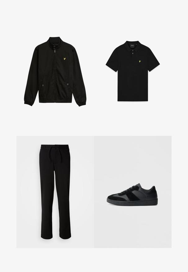 Sort nylon zip-jakke med høj krave, elastiske cuffs, to forlommer og et lille gult logo på brystet.; Sort kortærmet polo-shirt med krave, to knapper og lille gul fuglelogo på venstre bryst.; Sorte sweatpants med snor i taljen, lavet af blødt og strækbart stof. Har en afslappet pasform med lige ben og uden synlige lommer.; Sorte sneakers med en kombination af glat læder og ruskind, med en tekstureret sort gummisål og subtil stripingdetalje.
