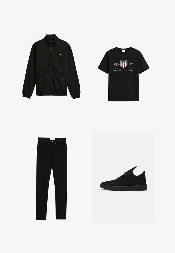 Zwarte nylon zip-up jack met een hoge kraag, elastische manchetten, twee voorzakken en een klein geel logo op de borst.; Zwart T-shirt met korte mouwen en ronde hals, met een schildlogo met de tekst "1949" en "GANT" over rode en witte strepen, daaronder "American Sportswear".; Zwarte denim skinny jeans met een gladde textuur, vijf-pocket ontwerp, contrasterende stiksels en een gelabelde tailleband.; Zwarte suède sneakers met een lage profiel, ronde neus en een gestructureerde rubberen zool. Beschikt over vijf veterogen en een achterste lus.