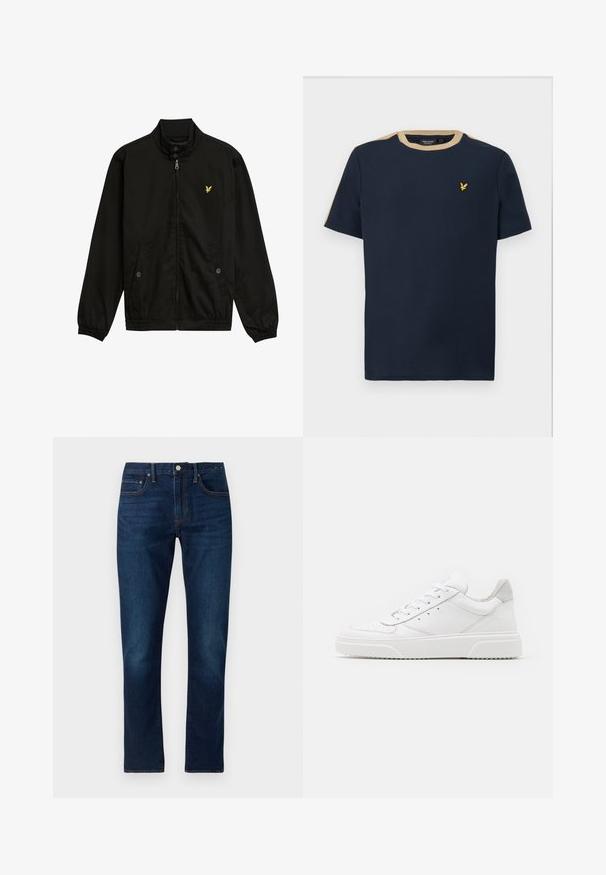 Zwarte nylon zip-up jack met een hoge kraag, elastische manchetten, twee voorzakken en een klein geel logo op de borst.; Marineblauwe t-shirt van katoen met een ronde halslijn en korte mouwen. Heeft een tan-kleurige bies en een klein, goud geborduurd logo.; Donkerblauwe denim jeans met een rechte pijp. Kenmerken zijn onder andere contrasterende stiksels, vijf zakken en een knoopsluiting aan de voorzijde.; Witte leren sneakers met een gladde afwerking, ronde neus, platte veters en een gestructureerde zool. Grijze suède accent bij de hiel.