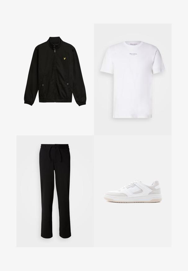 Sort nylon zip-jakke med høj krave, elastiske cuffs, to forlommer og et lille gult logo på brystet.; Hvid kortærmet t-shirt lavet af bomuld med rund hals. Fås med "Marc O'Polo" logo i sort på brystet. Glat tekstur, minimalistisk design.; Sorte sweatpants med snor i taljen, lavet af blødt og strækbart stof. Har en afslappet pasform med lige ben og uden synlige lommer.; Lavprofileret hvid og lysebeige sneaker med snørelukning, polstret krave og gummisål på en ensfarvet lys baggrund.