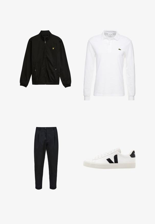 Sort nylon zip-jakke med høj krave, elastiske cuffs, to forlommer og et lille gult logo på brystet.; Hvid langærmet polo shirt lavet af bomuld, med en klassisk krave og et lille grønt Lacoste-logo på brystet. Glat tekstur.; Sorte bukser lavet af et glat stof, med plisseret for, tætsiddende pasform og optrukne mansjetter. Enkel knaplukning i taljen.; Hvide lædersneakers med sorte ruskindsdetaljer; har en gummisål, rund tå og klassisk snørebåndsdesign. Side logo i sort.