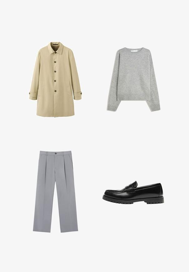 Trench-coat beige à simple boutonnage avec quatre boutons foncés, poches latérales, col classique et brides boutonnées aux manches.; Pull en tricot gris avec un col rond, des poignets et un ourlet côtelés, offrant une coupe décontractée et une texture douce.; Pantalons plissés gris à coupe décontractée, en tissu léger. Comprend des poches avant et une fermeture à bouton à la taille.; Mocassin en cuir noir avec une semelle en caoutchouc épaisse et un détail classique de bride à monnaie, vu de côté extérieur.