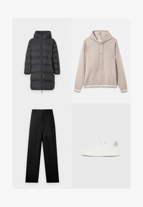 Sort lang pufferjakke med hætte, elastiske manchetter, frontlynlås og to horisontale lynlåslommer i taljen, med et lille EA7-logo på brystet.; Lys beige hætte sweatshirt med frontlomme, snore, ribbede ærmer og kant med cremefarvede striber, samt et lille broderet logo på brystet.; Sorte bukser lavet af bomuld med lige ben-design, der har en frontknaplukning og sidelommer. Glat tekstur, ingen mønstre.; Hvid lavtop-sneaker med gråt hælflig, hvide snørebånd og tekstureret sål, vist på en ensfarvet lys baggrund.