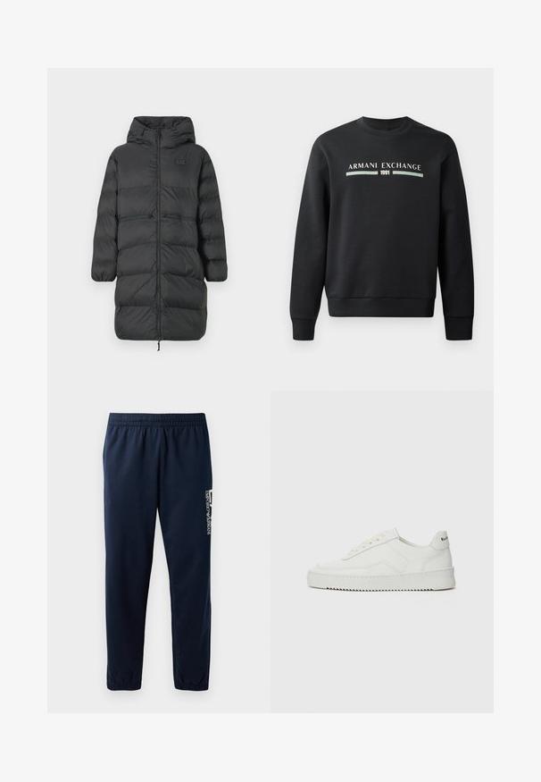 Schwarzer, langer Daunenmantel mit Kapuze, elastischen Bündchen, vorderem Reißverschluss und zwei horizontalen Reißverschlusstaschen auf Hüfthöhe, mit kleinem EA7-Logo auf der Brust.; Schwarzer Sweatshirt aus weichem Stoff. Mit Rundhalsausschnitt und langen Ärmeln. Auf der Vorderseite sind "ARMANI EXCHANGE" und "1991" in kontrastierenden Farben gedruckt.; Marineblaues Sweatpants mit elastischem Bund, zulaufenden Beinen und einem weißen Logo an der Seite. Glattes Gewebe mit leichter Textur.; Weiße Ledersneaker mit glatter Oberfläche, runder Zehenpartie, flachen Schnürsenkeln und strukturiertem Sohlenprofil. Mit einem dezenten Logo an der Ferse.