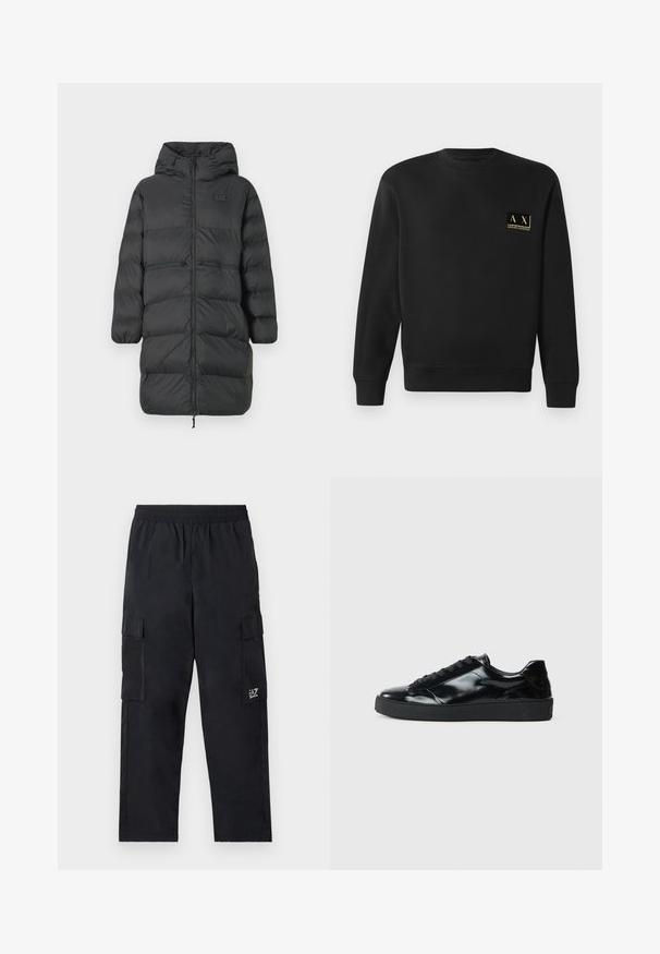 Sort lang pufferjakke med hætte, elastiske manchetter, frontlynlås og to horisontale lynlåslommer i taljen, med et lille EA7-logo på brystet.; Sort langærmet crewneck sweatshirt med lille beige Armani Exchange-logo på venstre bryst.; Sorte cargo bukser med elastisk talje, sidelommer og et lille logo på venstre ben. Fremstillet af let, glat stof.; Sorte laklæder sneakers med rund tå, snørredesign, tekstureret gummisål og en glat overflade.