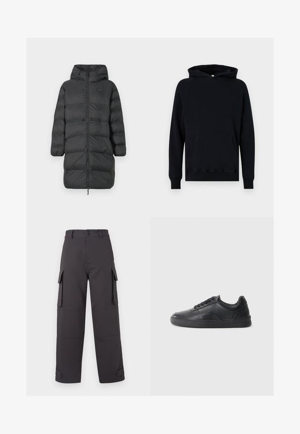 Schwarzer, langer Daunenmantel mit Kapuze, elastischen Bündchen, vorderem Reißverschluss und zwei horizontalen Reißverschlusstaschen auf Hüfthöhe, mit kleinem EA7-Logo auf der Brust.; Schwarzer Baumwollhoodie mit einer Kängurutasche, langen Ärmeln und einer Kapuze mit Kordelzug. Rippenbündchen und -saum, strukturierter Stoff. Klassische Passform.; Cargo-Hosen in Dunkelgrau, aus einem glatten Stoff gefertigt, mit zwei seitlichen Taschen und Knopfverschlüssen. Lockere Passform mit umgeschlagenen Säumen.; Schwarze Leder-Sneaker mit glatter Oberfläche, abgerundeter Zehenpartie, strukturiertem Seitenpaneel und schwarzen Schnürsenkeln. Verfügt über eine flache Gummisohle und ein minimalistisches Design.