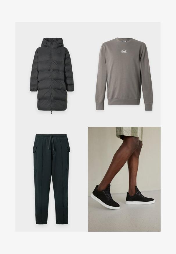 Sort lang pufferjakke med hætte, elastiske manchetter, frontlynlås og to horisontale lynlåslommer i taljen, med et lille EA7-logo på brystet.; Langærmet grå crewneck-sweatshirt med EA7 Emporio Armani-logo i hvid på brystet, ribstrikkede manchetter og kant.; Sorte joggingbukser med snøre i taljen, sidelommer, detaljer med cargolomme og synlige sømmer. Blødt stof med en afslappet pasform.; Sorte ruskinds sneakers med hvide gummisåler, med runde snørebånd, lav-top design og en glat overflade.