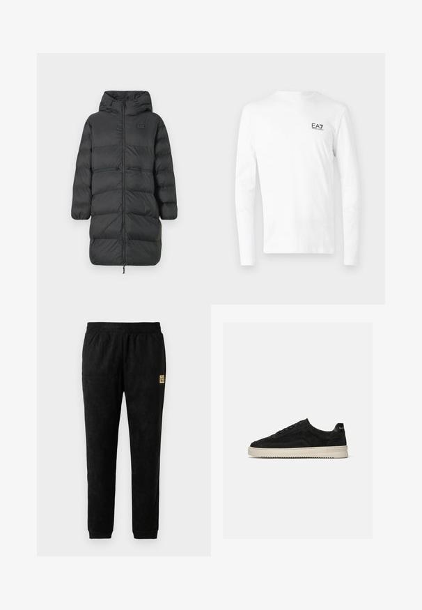 Sort lang pufferjakke med hætte, elastiske manchetter, frontlynlås og to horisontale lynlåslommer i taljen, med et lille EA7-logo på brystet.; Hvid langærmet T-shirt lavet af bomuld, med et lille sort EA7-logo på venstre brystområde. Enkel design med rund halsudskæring.; Sorte velour joggingbukser med elastisk talje, manchetter ved anklerne, sidelommer og et lille beige EA7 Emporio Armani logo-patch på låret.; Sort ruskind lav-sneaker med sorte snørebånd og hvid gummisål, sidevisning på ensartet lys grå baggrund.