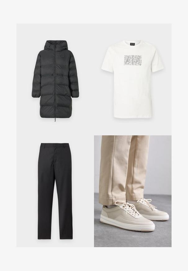 Sort lang pufferjakke med hætte, elastiske manchetter, frontlynlås og to horisontale lynlåslommer i taljen, med et lille EA7-logo på brystet.; Hvid T-shirt med kortærmet, rund hals og et sort-hvidt abstrakt grafikmotiv med overlappende "A" og "X" bogstaver, placeret midt på brystet.; Sorte formelle bukser med lige ben, bæltestropper og skjult lukning foran, vist mod en hvid baggrund.; Beige sneakers med en tekstureret overdel, hvide såler og stikninger, parret med beige bukser, præsenteret på en grå overflade.