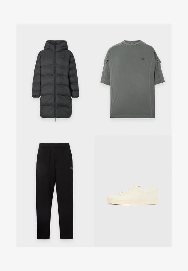 Sort lang pufferjakke med hætte, elastiske manchetter, frontlynlås og to horisontale lynlåslommer i taljen, med et lille EA7-logo på brystet.; Grå oversized t-shirt med korte ærmer, med rund hals, sidesømme detaljer og en lille logo på brystet.; Sorte tapered sweatpants med elastisk talje og lille trykt logo på øvre venstre lår.; Sneaker i cremefarve med en glat læderoverdel, rundet tå, snørelukning foran og en tekstureret gummisål. Minimalistisk design uden logoer.