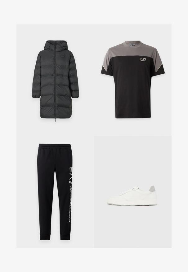 Sort lang pufferjakke med hætte, elastiske manchetter, frontlynlås og to horisontale lynlåslommer i taljen, med et lille EA7-logo på brystet.; Sort og grå EA7 Emporio Armani T-shirt med korte ærmer, logo på brystet og hvid kant på ærmerne.; Sorte sweatpants lavet af en bomuldsblanding, med elastisk talje, smalle ben, ribbede manchetter og hvidt logo print langs siden.; Hvid lavtop-sneaker med gråt hælflig, hvide snørebånd og tekstureret sål, vist på en ensfarvet lys baggrund.