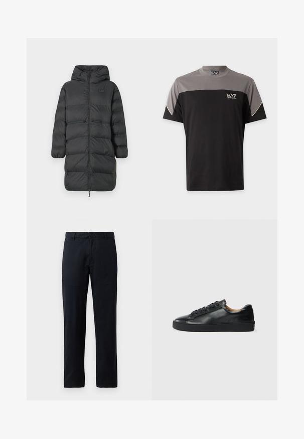 Sort lang pufferjakke med hætte, elastiske manchetter, frontlynlås og to horisontale lynlåslommer i taljen, med et lille EA7-logo på brystet.; Sort og grå EA7 Emporio Armani T-shirt med korte ærmer, logo på brystet og hvid kant på ærmerne.; Sorte lige bukser lavet af et glat stof. Har en enkelt knaplukning og bæltesløjfer, uden synlige mønstre eller accenter.; Sorte lædersneakers med en glat overflade, rund tå og snørebåndslukning. Har en tyk gummisål og minimal branddetalje.