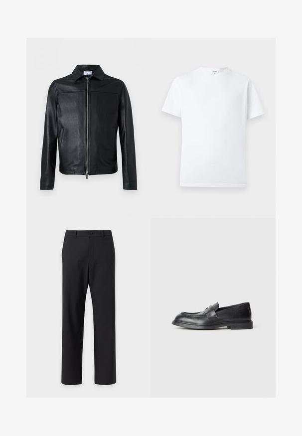 Veste en cuir noir avec fermeture éclair intégrale à l'avant, col pointu, manches longues et poches latérales, présentée sur un fond blanc uni.; T-shirt blanc uni à manches courtes et col rond, avec une petite étiquette intérieure au niveau de l'encolure, présenté sur un fond neutre.; Pantalon noir à jambes droites avec fermeture par bouton et zip, passants de ceinture, et sans poches visibles sur un fond clair uni.; Mocassins en cuir noir avec une finition texturée, dotés d'une bride décorative à l'avant et d'un bout arrondi. Semelle en caoutchouc pour plus de durabilité.
