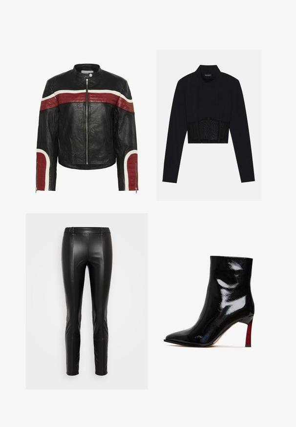 Sort læderbikerjakke med røde og hvide horisontale striber på tværs af brystet og ærmerne, frontal lynlås og trykknapkrave.; Sort langærmet crop top med høj hals, en transparent meshpanel ved taljen og strukturerede sømme for et tætsiddende design.; Sorte leggings i imiteret læder med elastisk talje, tætsiddende silhuet, glat tekstur og sømdetaljer, der løber ned foran.; Sort laklæder ankelstøvle med spids tå og en rød detalje på stilethælen. Glat tekstur og elegant design.