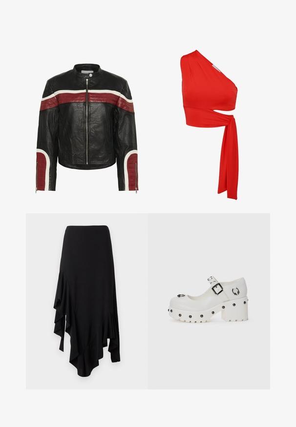 Sort læderbikerjakke med røde og hvide horisontale striber på tværs af brystet og ærmerne, frontal lynlås og trykknapkrave.; Asymmetrisk rød crop top lavet af glat stof; har en enkelt ærme og en snoet sidesøm med et længere svajende bånd.; Sort asymmetrisk nederdel med flæsebeklædte draperede paneler på begge sider, knælængde på den ene side og længere på den anden.; Hvide platform sko med en rund tå, spænde og cirkulære nitter. Tekstureret sål med en let hæl og dekorativ hardware detalje.