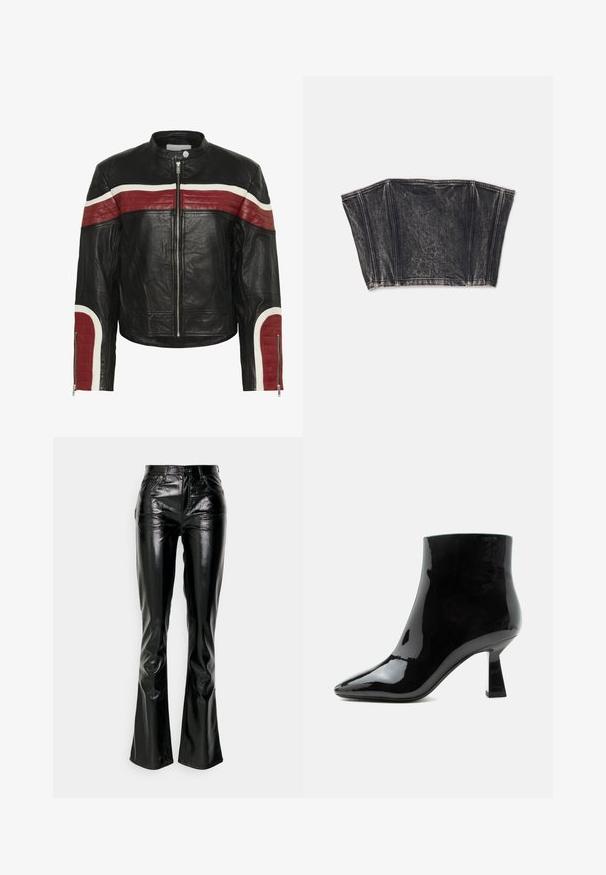 Veste de motard en cuir noir avec des rayures horizontales rouges et blanches sur la poitrine et les manches, fermeture éclair à l'avant et col à bouton-pression.; Bustier en denim noir au design structuré, avec des coutures verticales et une forme ajustée et courte. Surface texturée avec un léger dégradé.; Gap Tall STRAIGHT PATENT - Pantalon classique - true black; Bottine noire en cuir verni brillant avec bout pointu et talon mi-haut évasé sur fond blanc.