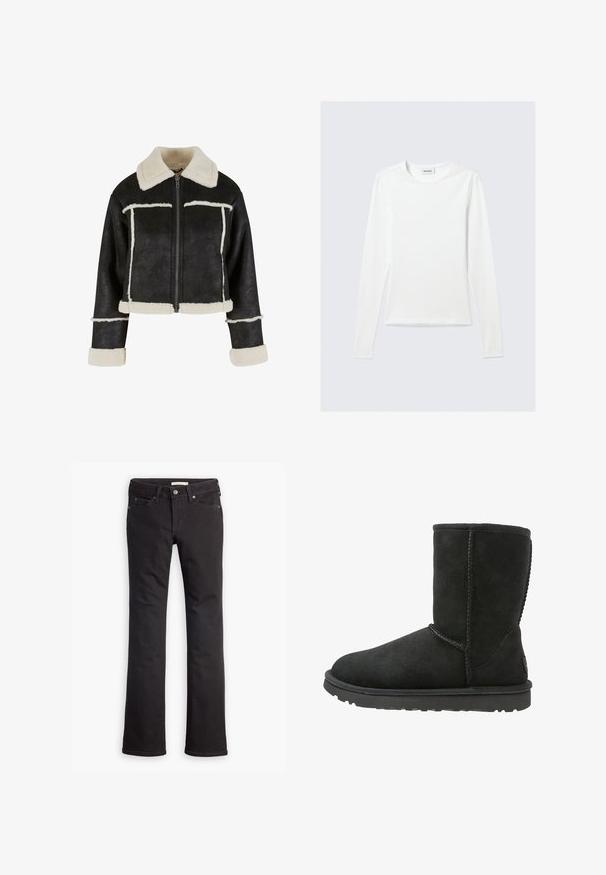 Afskåret sort faux læderjakke med en cremefarvet faux shearling krave og kant. Har en frontlynlås og vandrette sømdetaljer.; Langærmet, enkel hvid T-shirt med rund halsudskæring og tætsiddende pasform, vist mod en lysegrå baggrund.; Sorte jeans lavet af denim, med lige ben-design, standard talje, fem lommer og diskrete syninger.; Sorte suede ankelstøvler med rund tå, stikninger og flad gummisål. Har et enkelt design uden udsmykninger.