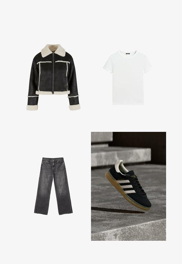 Afskåret sort faux læderjakke med en cremefarvet faux shearling krave og kant. Har en frontlynlås og vandrette sømdetaljer.; Almindelig hvid T-shirt med korte ærmer, rund halsudskæring og lille sort label inden i kraven.; Mørkegrå denim jeans med vid ben, front- og baglommer, knaplukning og diskrete slidte detaljer.; Sort ruskindssneaker med hvide striber og gyldent logo, med en tekstureret gummisål i karamel og en kontrasterende cremefarvet hæltab.
