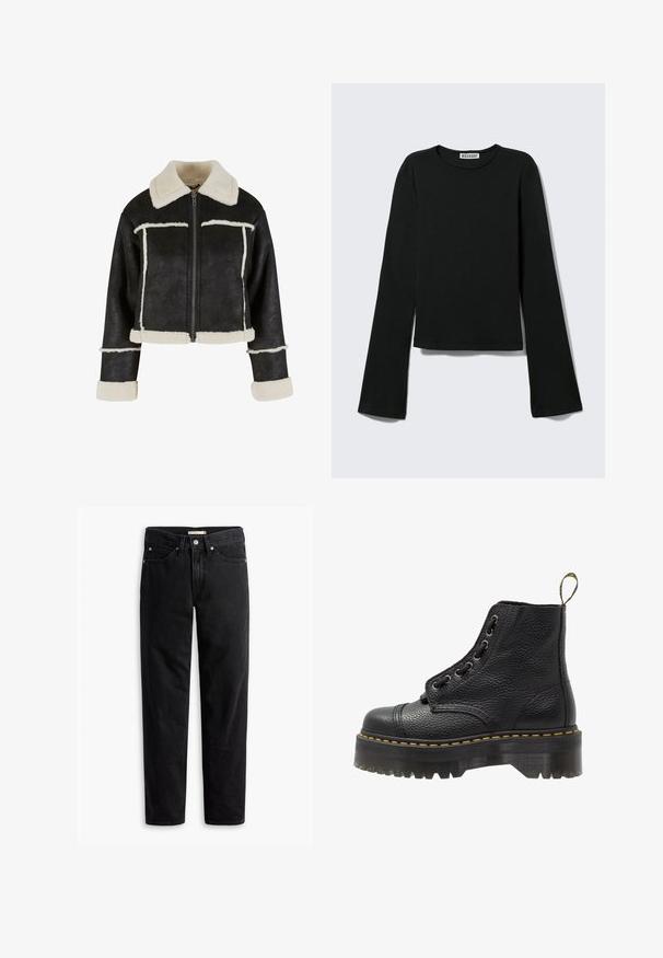 Chaqueta de imitación cuero negra recortada con un cuello y ribetes de borreguillo crema. Cuenta con un cierre frontal de cremallera y detalles de costura horizontal.; Camiseta negra de manga larga con cuello redondo, silueta ajustada y mangas ligeramente acampanadas, etiquetada con la marca "Weekday" en el cuello.; Jeans negros de pierna recta con cierre de botones y cremallera, pasadores para cinturón y bolsillos delanteros y traseros, exhibidos de forma plana sobre un fondo blanco.; Botín negro de cuero con superficie texturizada, punta redonda, diseño de cordones, costuras amarillas y una gruesa suela de plataforma negra estriada.