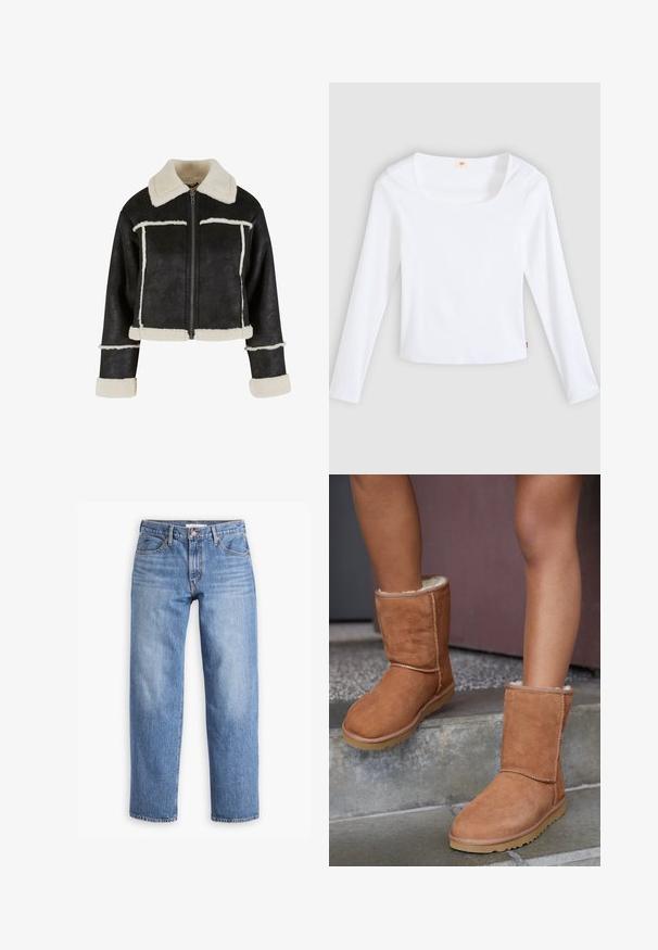 Afskåret sort faux læderjakke med en cremefarvet faux shearling krave og kant. Har en frontlynlås og vandrette sømdetaljer.; Hvid langærmet t-shirt lavet af ribstrikket stof, med firkantet halsudskæring og tætsiddende design, med en lille logotag i siden.; Lyseblå denimjeans med lige pasform, fem lommer og lynlåsgylf. Stoffet har en klassisk tekstureret overflade med let falming.; Brune ruskind ankelstøvler med rund tå, blødt foer og gummisål, der har synlige stikninger langs sømmene.