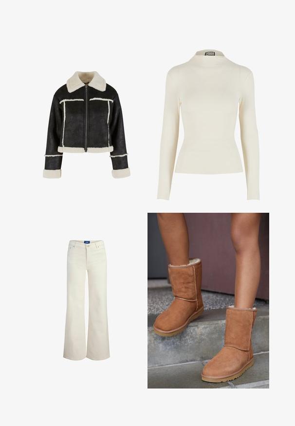Afskåret sort faux læderjakke med en cremefarvet faux shearling krave og kant. Har en frontlynlås og vandrette sømdetaljer.; Cremefarvet langærmet top med tætsiddende pasform, høj hals og elastisk materiale. Har en glat tekstur og minimal syningsdetalje.; Off-white højtaljede jeans med knap og lynlås foran, fem-lomme-design og brede, lige ben.; Brune ruskind ankelstøvler med rund tå, blødt foer og gummisål, der har synlige stikninger langs sømmene.