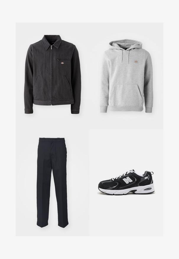 Čierny pruhovaný blazer vyrobený z odolného materiálu. Má golier, zips, predné vrecká a malé logo na vrecku na hrudi.; Šedá mikina s kapucňou vyrobená z fleecového materiálu, s prednou kapsou, prišitou manžetou a malým logom na hrudi.; Čierne upravené nohavice so strihom rovného nohavice, vyrobené z hladkej tkaniny, so pásom s očkami a bez viditeľných vzorov alebo kovových prvkov.; Čierne a šedé športové topánky s hornou časťou z mikrovlákna a zamatu, s bielou medzipodrážkou, šnúrkami a výrazným logom "N" na boku.