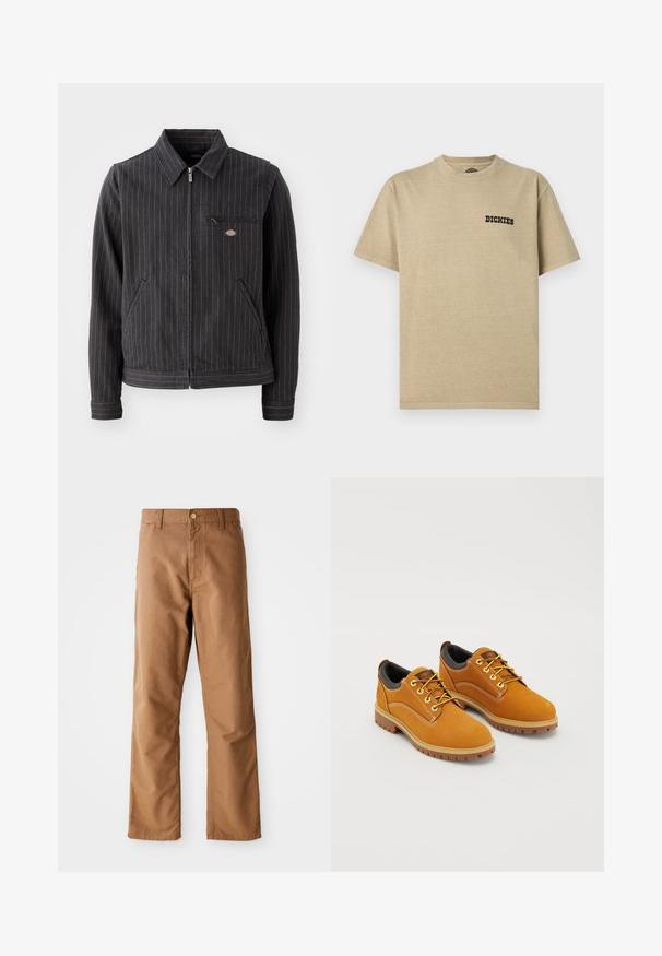 Čierny pruhovaný blazer vyrobený z odolného materiálu. Má golier, zips, predné vrecká a malé logo na vrecku na hrudi.; Béžové bavlnené tričko s okrúhlym výstrihom a krátkymi rukávmi. Na ľavej strane hrudníka sa nachádza čierne logo "DICKIES". Hladká štruktúra.; Hnedé nohavice s rovnými nohavicami, s pútkami na opasok, prednými vreckami, zapínaním na gombík a zipsom na bielom pozadí.; Hnedé semišové topánky s okrúhlou špičkou, žltými šnúrkami, polstrovaným čiernym golierom a gumovou podrážkou s trakčnými drážkami.