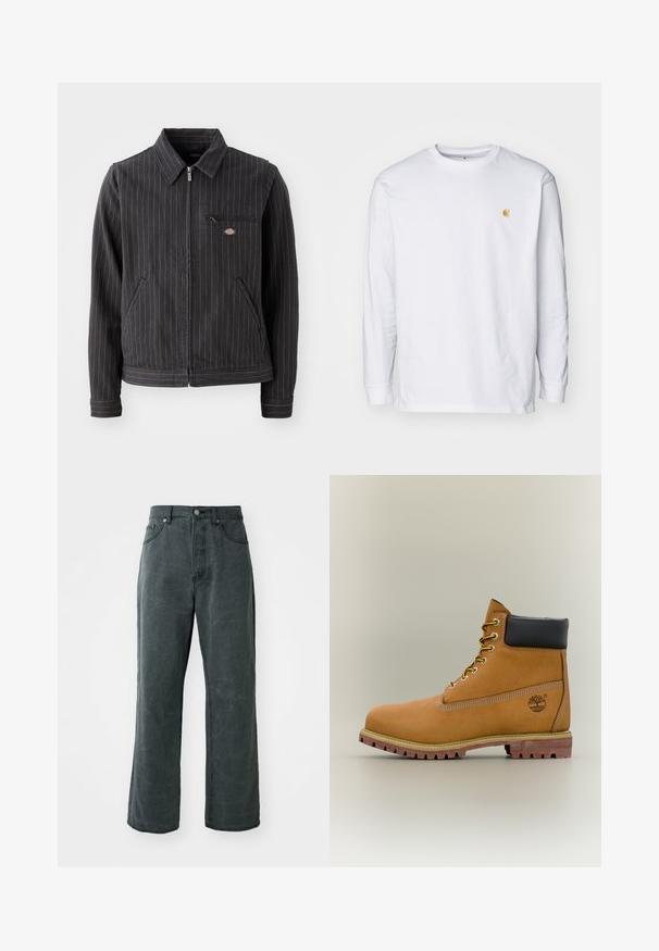 Čierny pruhovaný blazer vyrobený z odolného materiálu. Má golier, zips, predné vrecká a malé logo na vrecku na hrudi.; Biely tričko s dlhým rukávom z bavlny. Na hrudi má malé zlaté logo a okrúhly výstrih. Jednoduchý dizajn a štandardný strih.; Široké tmavošedé džiny vyrobené z denimu, s vysokým pásom, päťvreckovým dizajnom a jemnou poškodenou textúrou.; Hnedá kožená členková členková obuv s čiernym golierom, žltými šnúrkami a béžovou podrážkou. Má logo a biele prešívanie. Hrubá podrážka s dobrým záberom.