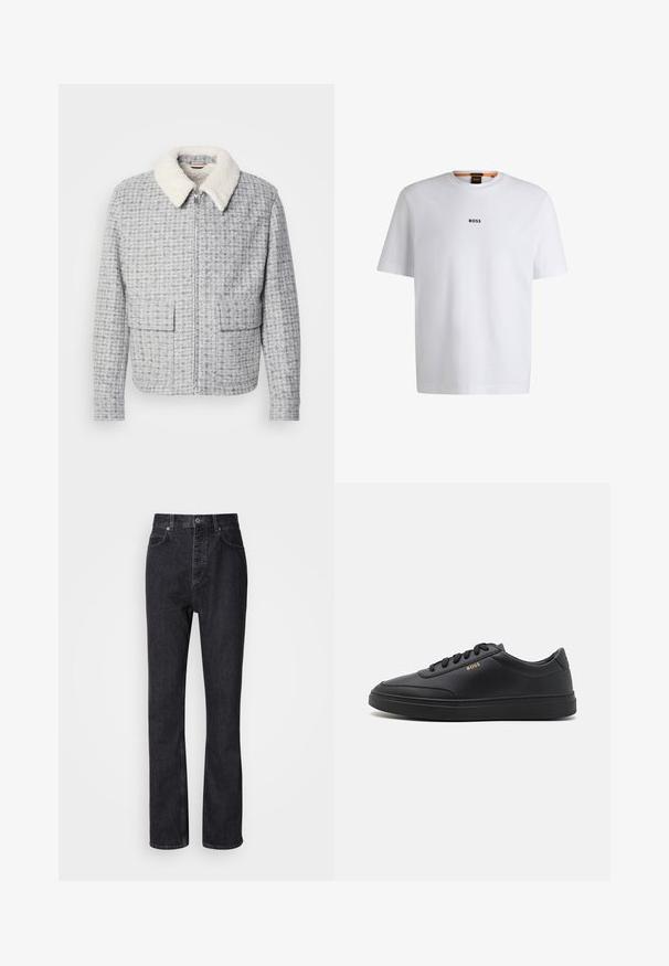 Chaqueta gris con estampado y cierre frontal con cremallera, con un suave cuello de borrego blanco y dos grandes bolsillos delanteros. La tela tiene un aspecto texturizado.; Camiseta de algodón blanca de manga corta, con un logotipo negro "BOSS" centrado en el pecho y un diseño de cuello redondo.; Jeans de mezclilla negros de cintura alta con cierre de botón y cremallera, bolsillos frontales y traseros, y corte recto.; Zapatillas de cuero negro con una textura suave, punta redondeada, suela plana de goma y cordones a tono. Presentan el logotipo dorado "BOSS" en el lateral.