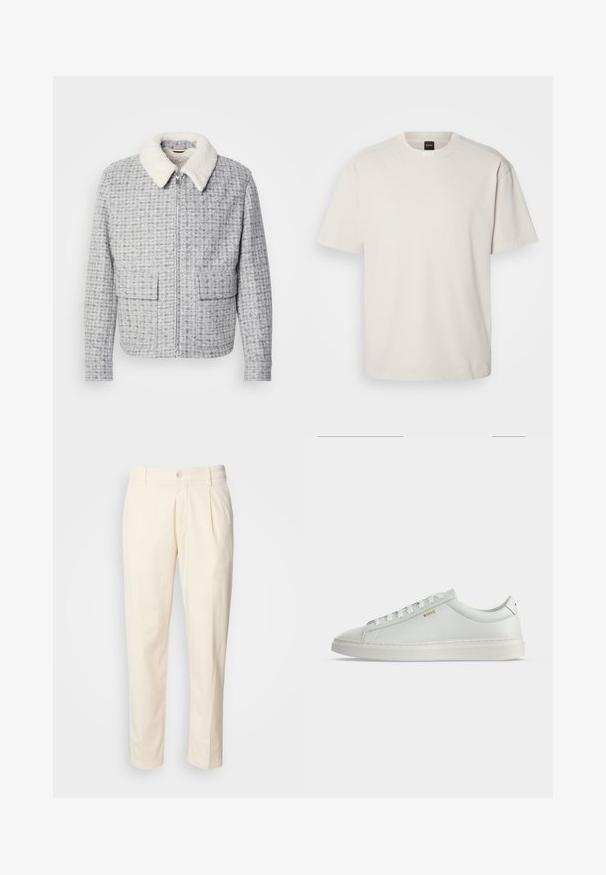 Grå mønstret jakke med lynlås foran, med en blød hvid lammeskinds-krave og to store forlommer foran. Stoffet har et struktureret udseende.; Kortærmet, crew-neck t-shirt i off-white bomuld med lige snit og minimal branding på kraven. Blød tekstur, uden mønstre.; Krèmfargede bomuldsbukser med lige ben-design, der har frontfolder, knaplukning og sidelommer. Glat tekstur.; Hvid lavtop lædersneakers med snørebånd, flad sål og lille gyldent "BOSS" logo på siden, set fra ydersiden.