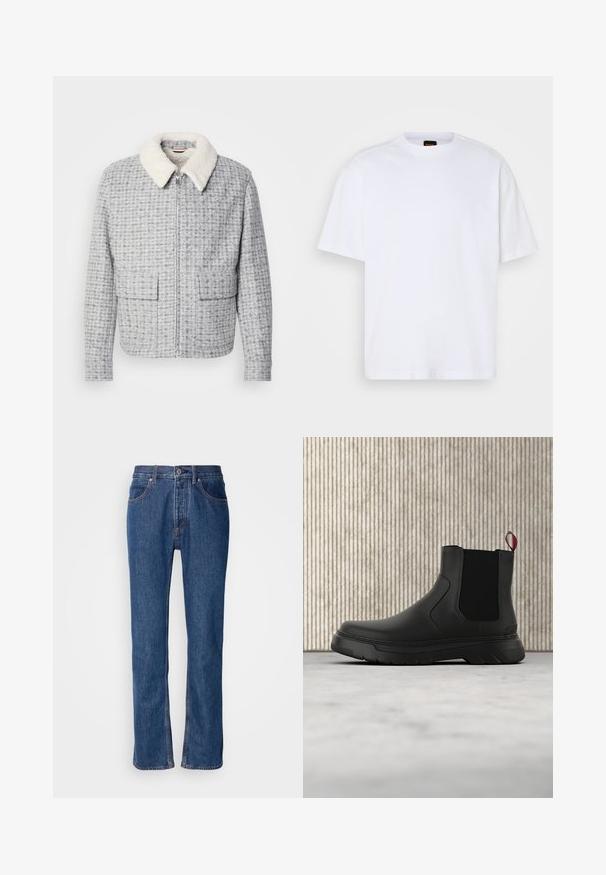 Grå mønstret jakke med lynlås foran, med en blød hvid lammeskinds-krave og to store forlommer foran. Stoffet har et struktureret udseende.; Hvid bomulds T-shirt med rund hals, korte ærmer og en afslappet pasform. Har strukturerede skuldersømme for ekstra detaljer.; Blå denimjeans med lige snit, fem-lomme-design og lys syning. Har lynlås og knaplukning foran.; Sort ankelstøvle med en glat overflade, elastiske sidepaneler og en kontrasterende rød træksløjfe, der har en tyk gummisål og rund tå.
