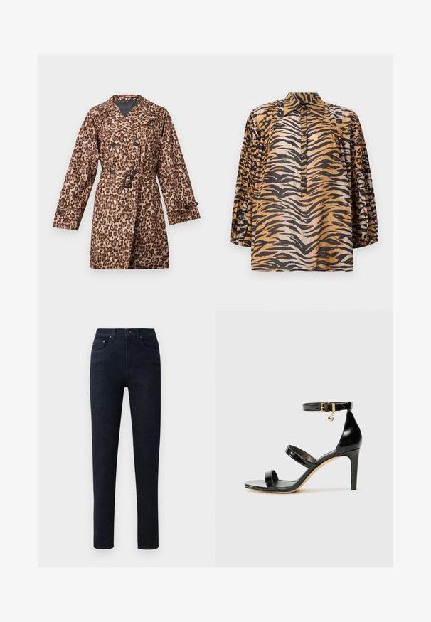Trench-coat croisé à imprimé léopard marron et noir, col large, manches longues, boutons noirs et ceinture assortie avec une boucle rectangulaire.; Blouse à manches longues avec manches plissées, motif imprimé tigre aux nuances d'orange, noir et beige, et patte de boutonnage à l'avant avec col pointu.; Jean en denim bleu foncé avec une coupe droite, dotés d'une fermeture à bouton, de cinq poches et de détails de couture subtils.; Sandale en cuir verni noir avec trois brides, boucle de cheville et talon aiguille de 10 cm. Présente un détail en métal doré et un charm logo.