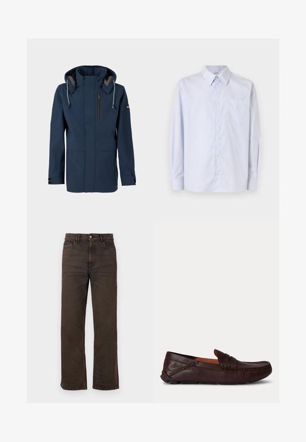 Chaqueta con capucha color azul marino, con cierre delantero, bolsillo en el pecho con cremallera, cordones ajustables en la capucha y tiras de velcro en los puños.; Camisa blanca de vestir con finas rayas verticales azules, mangas largas, cierre frontal de botones, cuello puntiagudo y bolsillo en el pecho del lado izquierdo.; Vaqueros de pierna recta de color marrón oscuro con bolsillos delanteros, trabillas para cinturón y cierre de botones sobre un fondo liso.; Mocasín de piel marrón oscuro para hombre con detalles cosidos y suela de goma, mostrado de lado sobre un fondo liso.