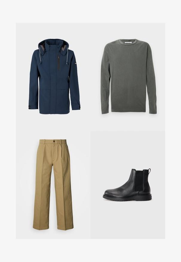 Navyblauwe hoodie met voorrits, borstzak met rits, verstelbare capuchontrekstrengen en klittenband op de manchetten.; Langsleeve, crew-neck shirt in vervaagd donkergrijs met zichtbare stikdetails op de kraag, mouwen en zoom, plat gelegd op een witte achtergrond.; Beige wijde broekspijpen gemaakt van katoen, met een knoopsluiting aan de voorkant, drie plooien en rechte zomen voor een ontspannen pasvorm.; Zwarte leren Chelsea boots met een gestructureerde afwerking, elastische zijpanelen en een stevige rubberen zool. Subtiele branding op de hiel.